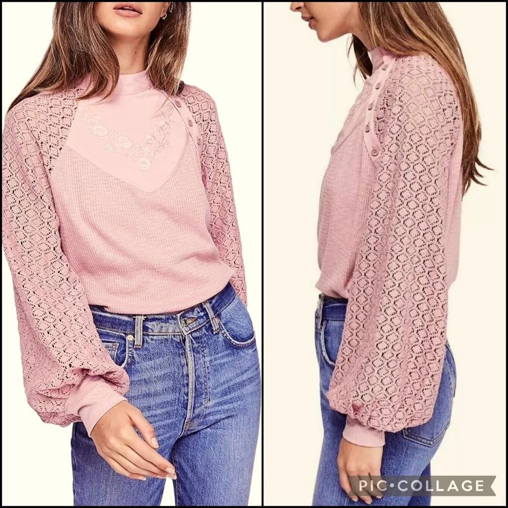 Free People Dusty Rose Embroidered Crochet Lace Waffle Knit Thermal Blouse Top - Picture 2 of 9